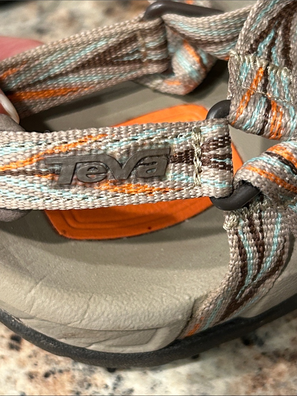TEVA Women’s 8 Zirra Outdoor Slim Strappy Sandals in Tan w/Orange, brown Accents - Picture 10 of 10